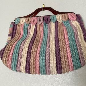 Vintage Crocheted Handbag Purse Pastel Granny Core Stripes Lucite Handle
